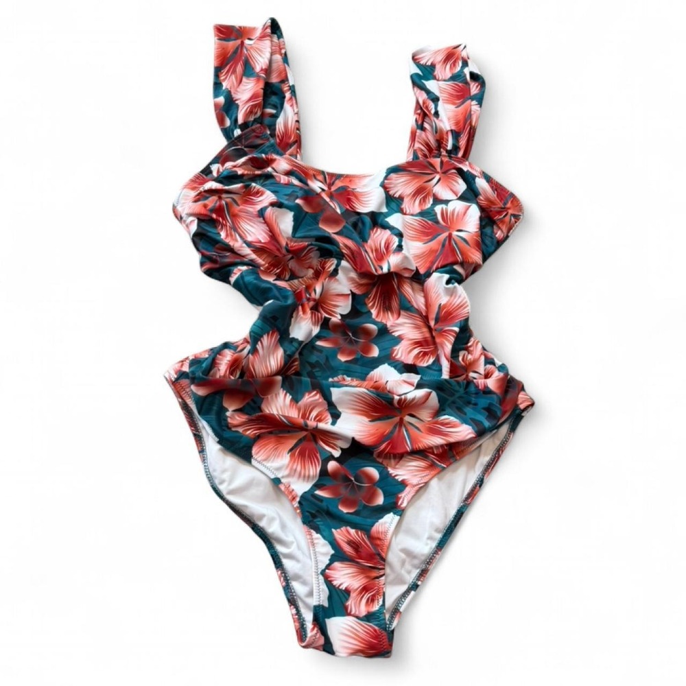 Beachsissi Tropical‎ Coral & Teal Floral One Piece Swimsuit, Women's Size XL